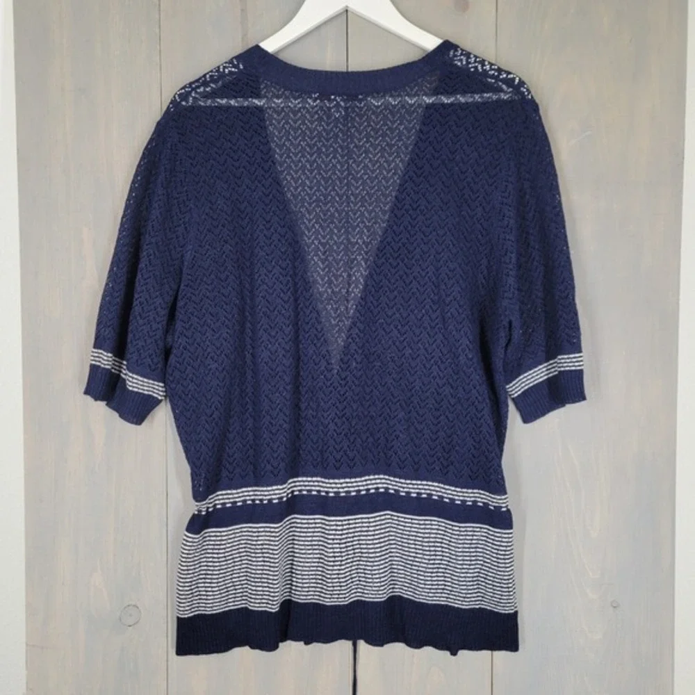 Merona Cardigan Sweater Women 20W/22W Navy Blue‎ Striped Pointelle Open Knit - Picture 2 of 10